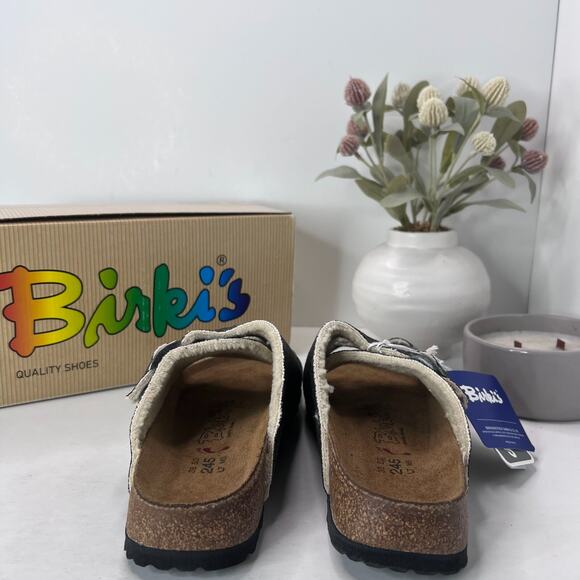 Birki's Zurich Slide Sandals Check Fur Gray 516233 Women 7/Men 5/EU38 NWB Narrow - Picture 3 of 10